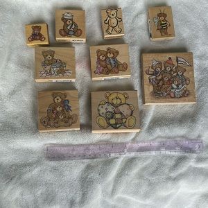 Lot of 9 rubber stamps with teddy bear theme vary 4in to 1.5 in various brands